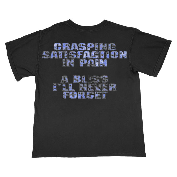 The Mugshot black t-shirt features bold, distressed blue and white text on the back: GRASPING SATISFACTION IN PAIN A BLISS I’LL NEVER FORGET.