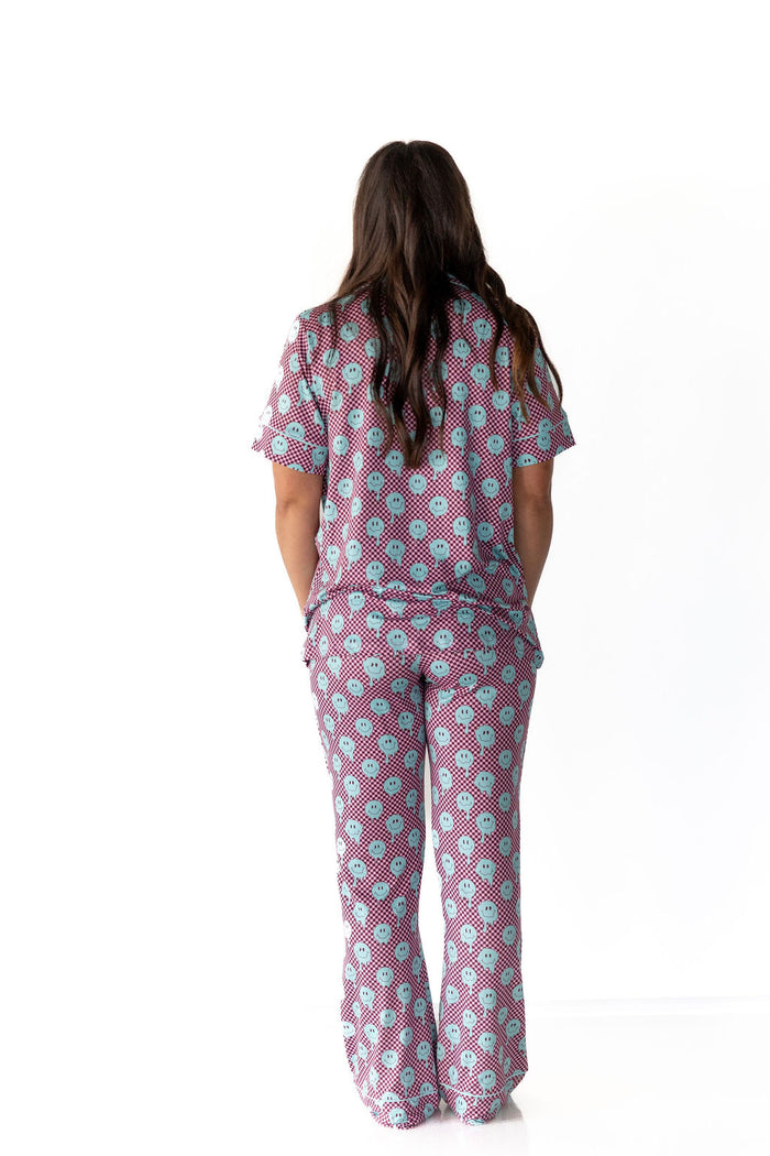 TEAL TRIPPY CHECKER | WOMEN'S BUTTON UP SHORT SLEEVE SET