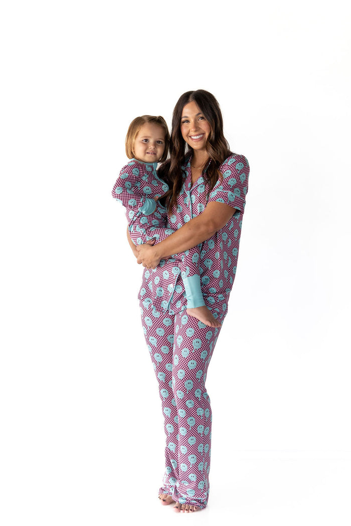 TEAL TRIPPY CHECKER | WOMEN'S BUTTON UP SHORT SLEEVE SET