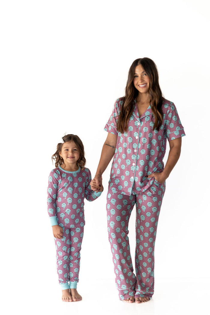 TEAL TRIPPY CHECKER | WOMEN'S BUTTON UP SHORT SLEEVE SET