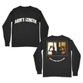 Arms Length black long-sleeve shirt featuring ARM’S LENGTH in white curved text on the front. The back shows hands behind bars, yellow stars, and the phrase THERE’S A WHOLE WORLD OUT THERE.