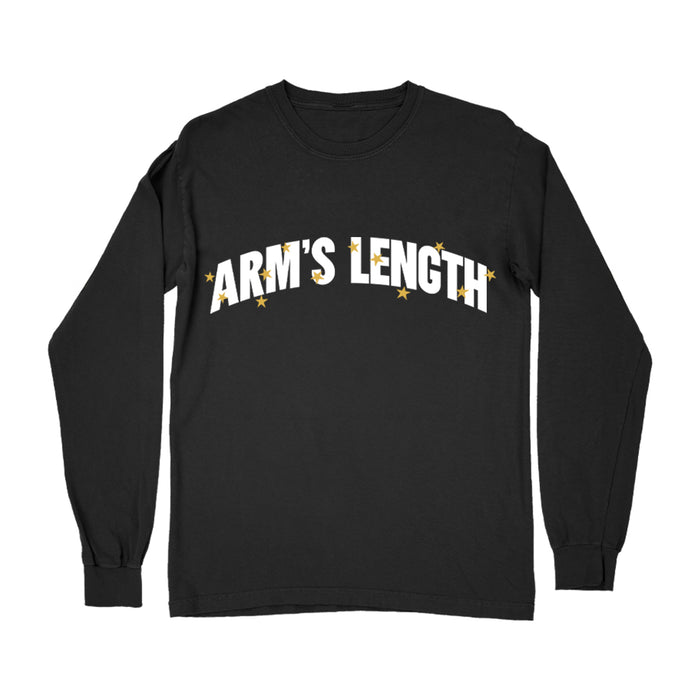 A black Arms Length long-sleeve shirt featuring ARMS LENGTH in bold white letters across the chest, accented with small yellow stars around the text.