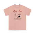 Light pink Spite House t-shirt with Spite House in red above clasped hands; black text below reads, youre happy by a thread. Ill sew you back you.