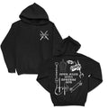 Unwell black printed hoodie with white graphics—front has two crossed weapons and UNSEEN text; back features medieval torture devices, a chained skull, and YOUR MIND WILL TORTURE YOU in bold.
