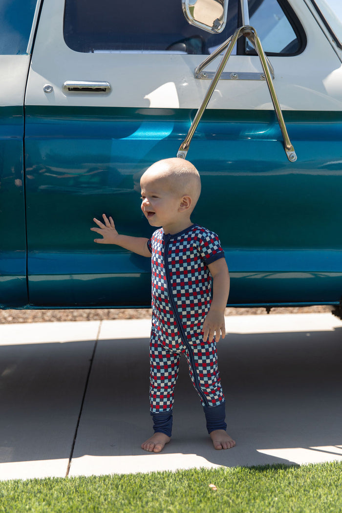 USA MINI CHECKER | SHORT SLEEVE ZIPPER ONE PIECE