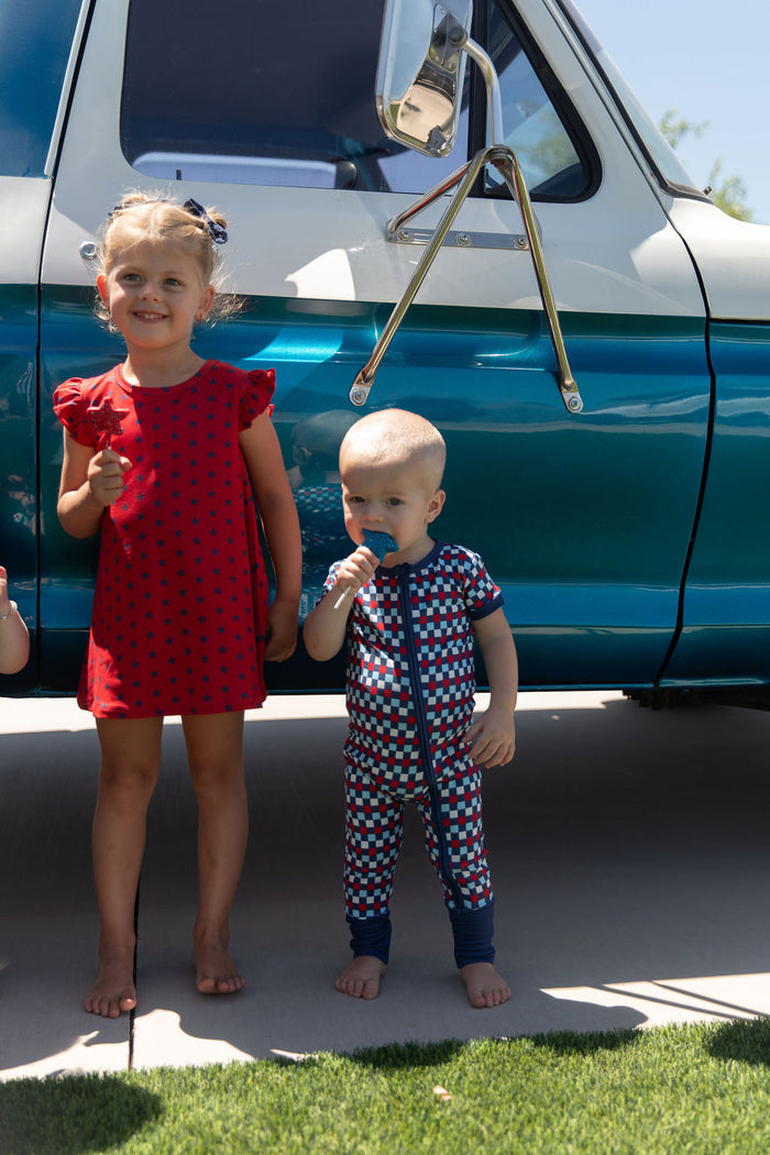 USA MINI CHECKER | SHORT SLEEVE ZIPPER ONE PIECE