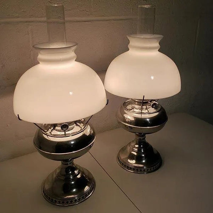 White glass student lamp shade shown lit