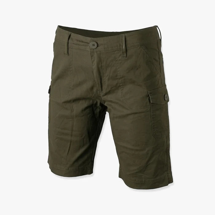 Wildebees Womens Stretch Cargo Shorts in sage green, featuring multiple pockets and a front button closure, displayed from a
