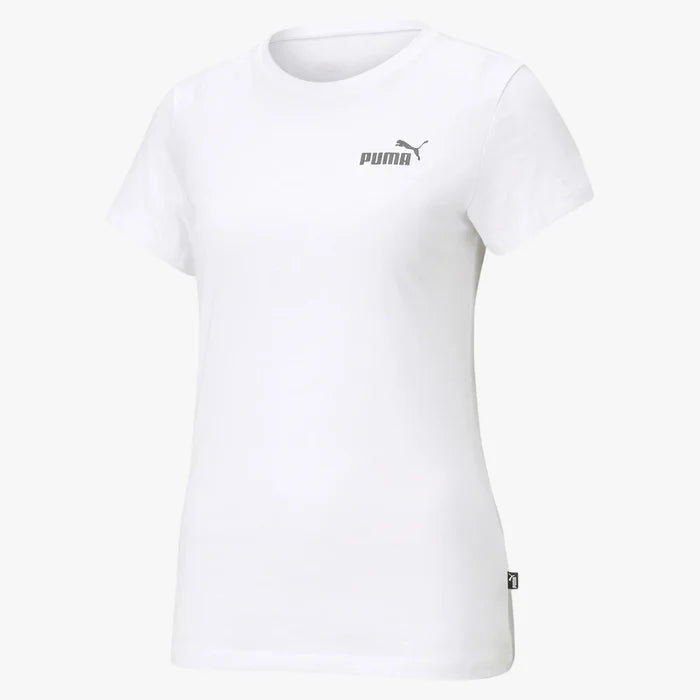 Puma Women's Essential Small Logo short sleeve tee in white, featuring a crew neck and the signature Puma logo on the chest.