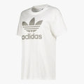 White adidas women's short sleeve t-shirt with a grey Trefoil logo featuring the brand name on the chest, viewed from a